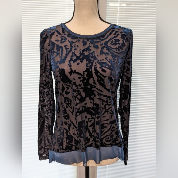 Simply Vera Vera Wang Tops - SIMPLY Vera Wang Women's Size PM Sheer Velvet Stretch Top Black & Teal Blouse M